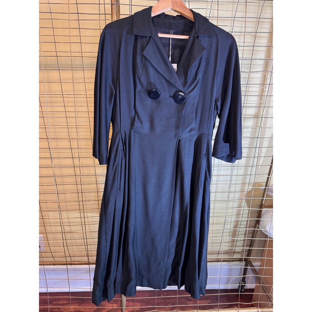 VTG 50s Black Matte Satin Tailored‎ Princess Cut Cropped Sleeves Coat Size M / L